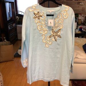 Barbara Getwit Pale Blue Tunic with embroidered and beaded Starfish